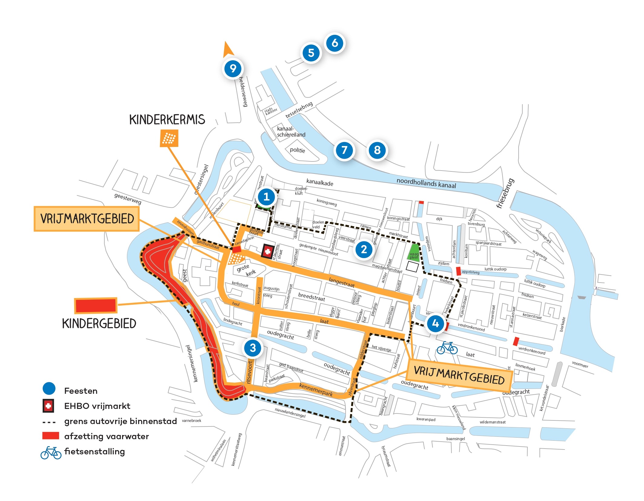 Plattegrond van Alkmaar tijdens Koningsdag 2025