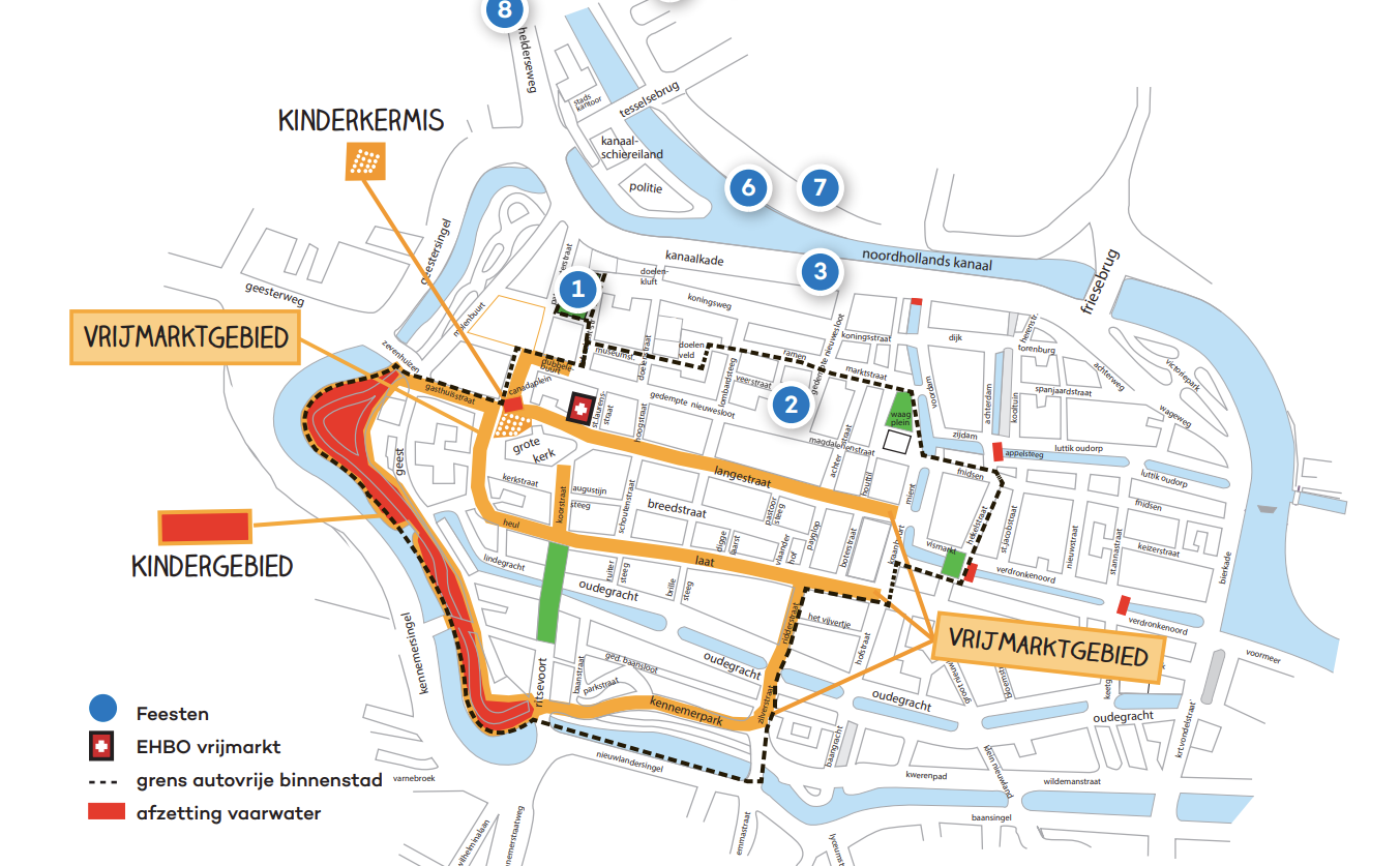Plattegrond van Alkmaar tijdens Koningsdag 2025
