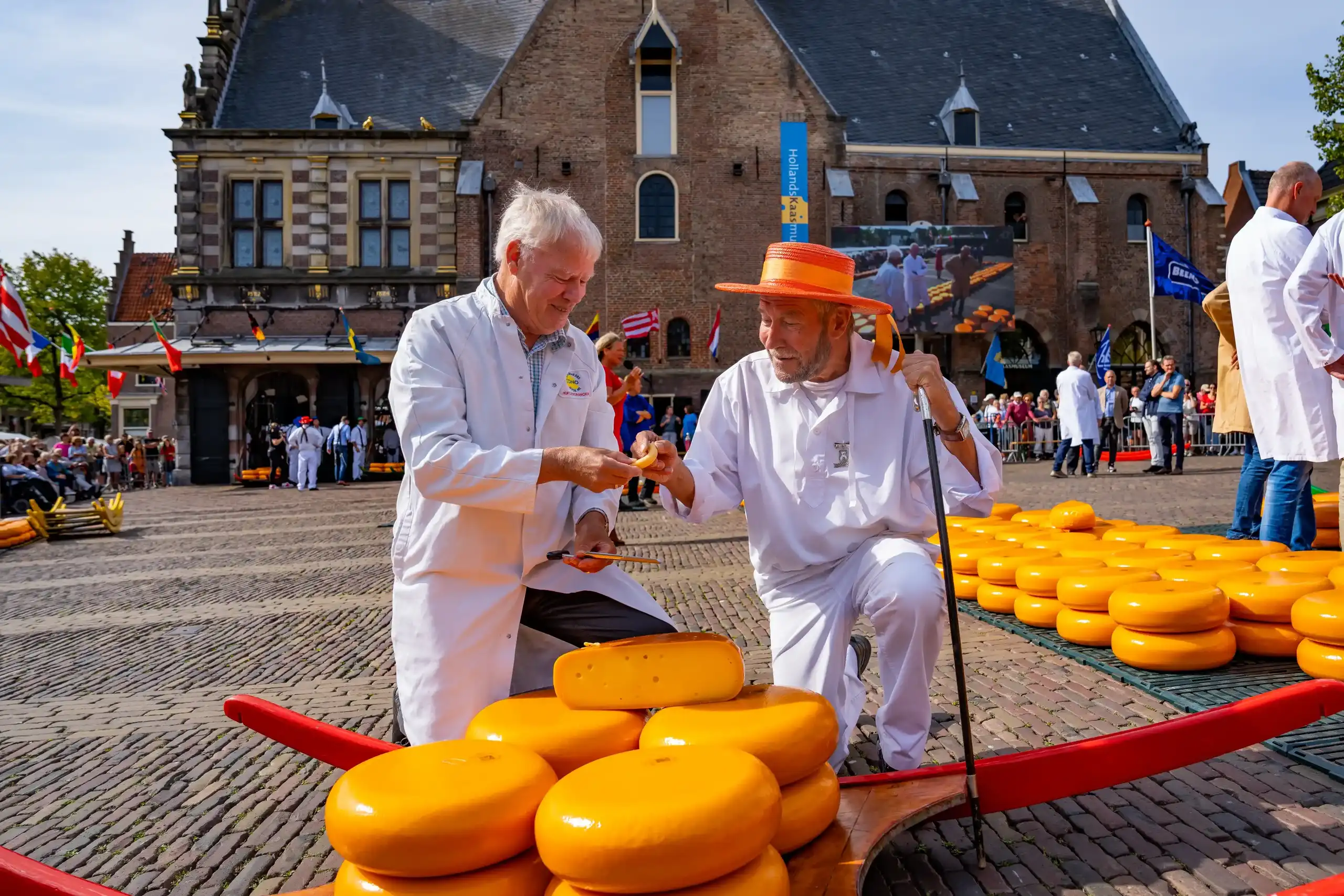 Kaas wordt aan de kaasvader gegeven op de kaasmarkt in Alkmaar