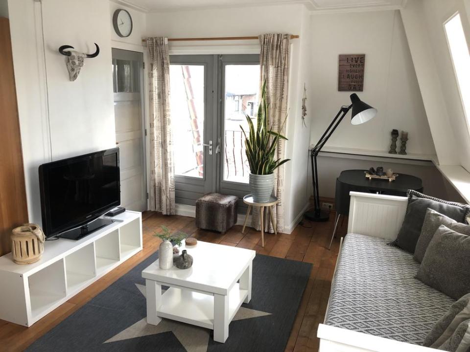 appartement met slaapbank en een tafeltje met een televisie